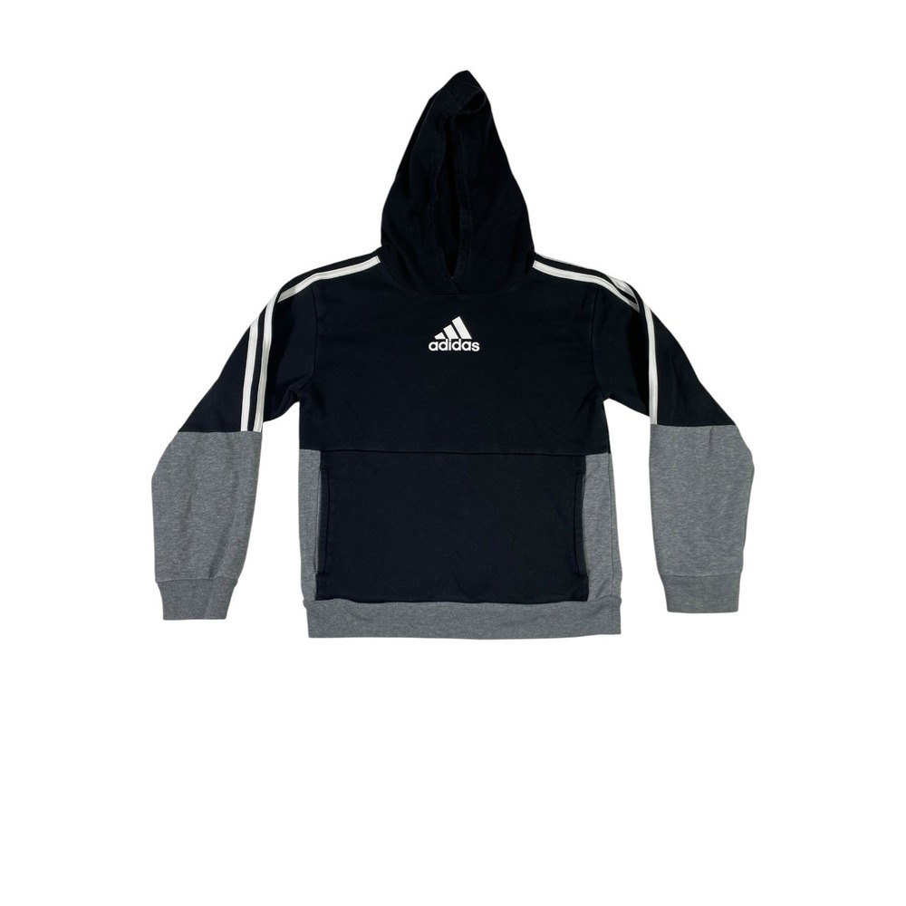 Adidas Hoodie Youth Medium Black Gray 3 Stripes Logo Cotton Regular Fit Outdoor